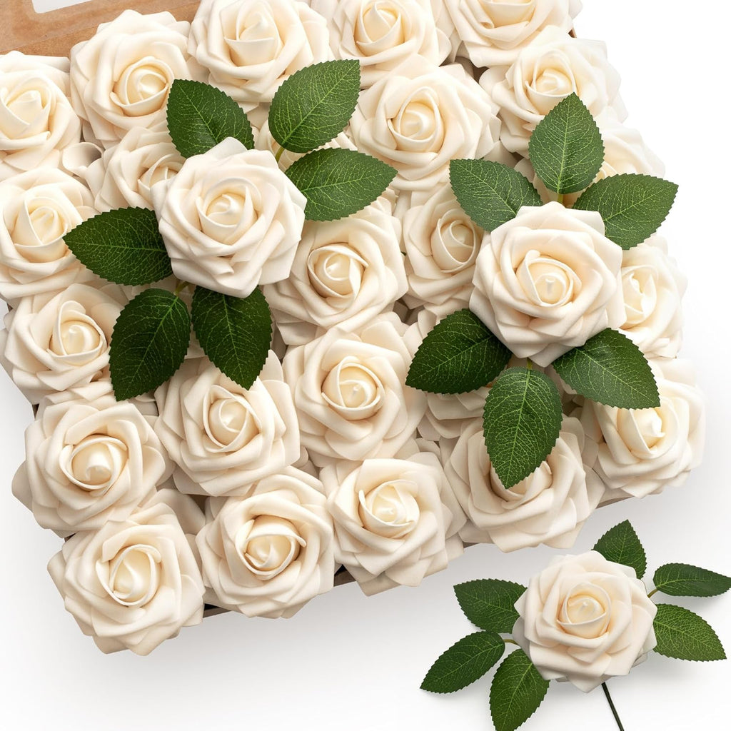 Mocoosy 50Pcs Rose Artificial Flowers, Cream White Fake Roses for Decorations, Real Touch Beige Foam Rose Bulk with Stem DIY Wedding Bouquet Bridal Shower Centerpieces Floral Arrangement Table Decor