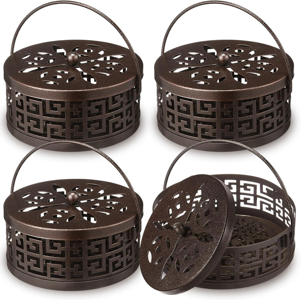 Lallisa 4 Pieces Mosquito Coil Holder Incense Coil Holder Round Retro Portable Metal Hanging Incense Burner with Handle for Home Camping Indoor Outdoor Patio (Bronze,Metal Sheet Included)
