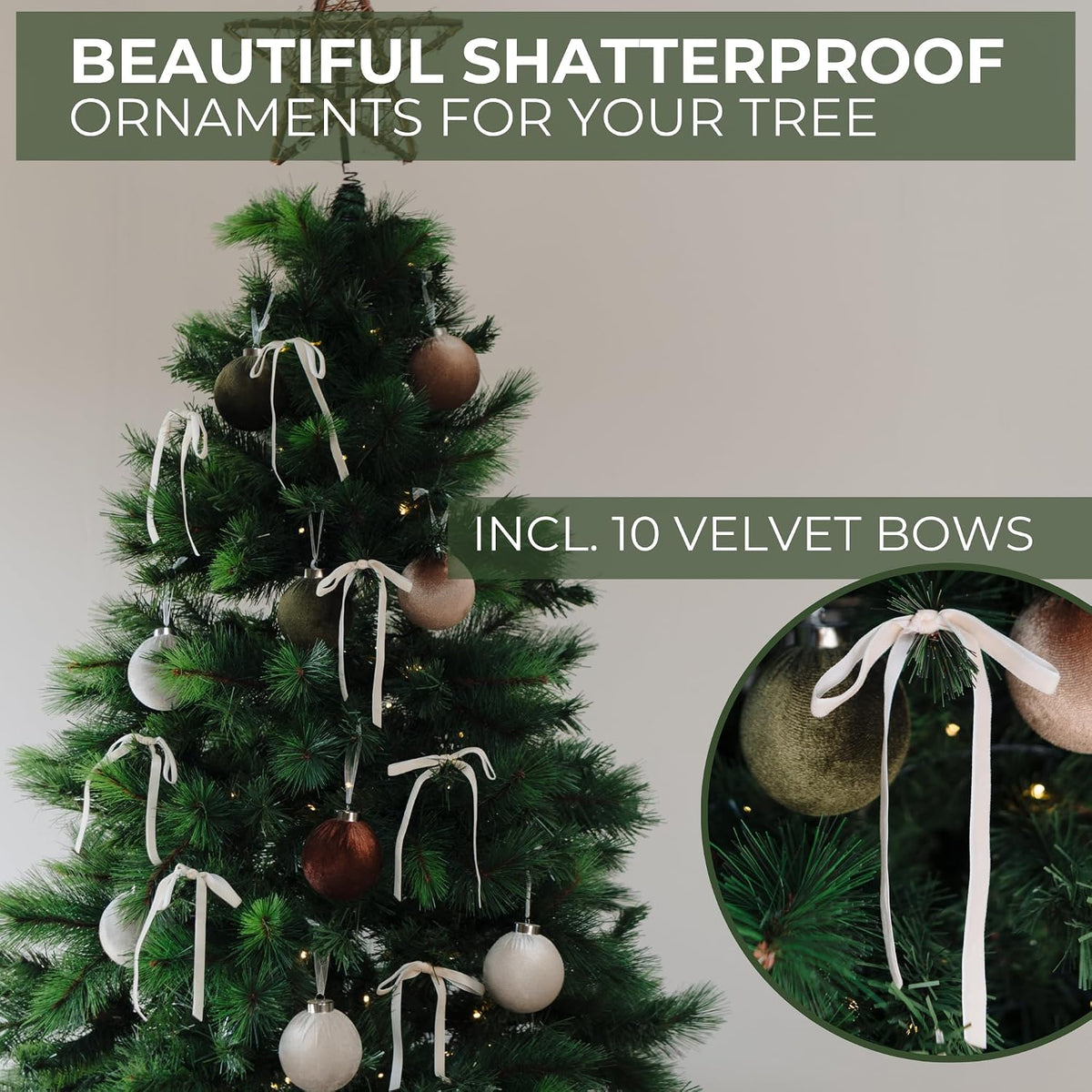 Elegant Velvet Christmas Ornaments Set - 15 Shatterproof Balls & 10 Bows