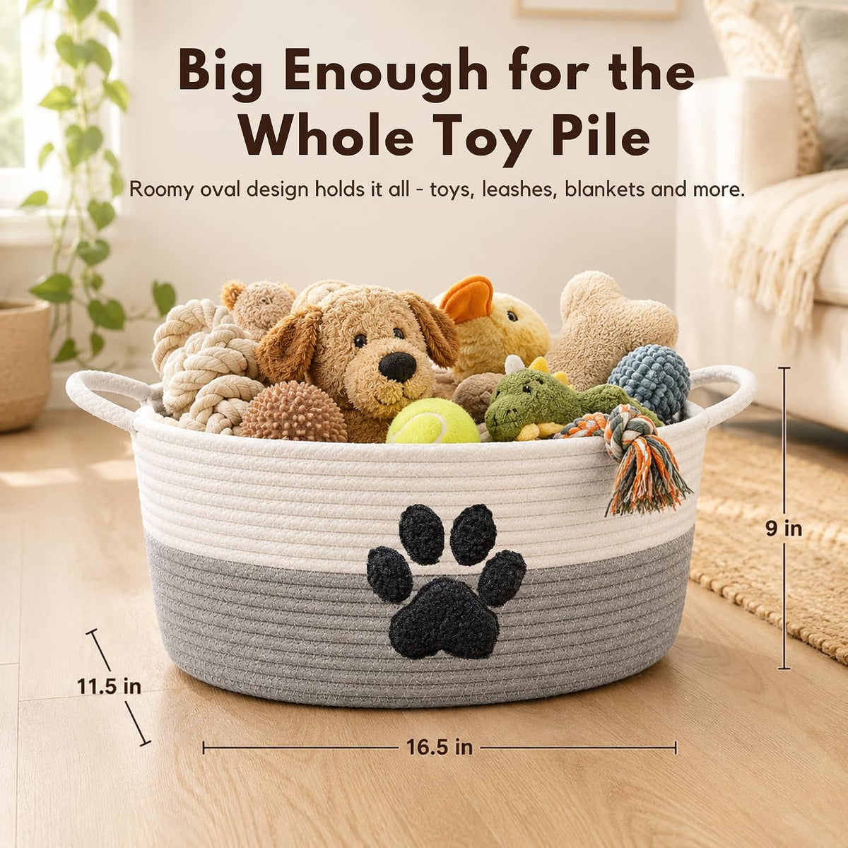 Dog Toy Basket with Handles, Grey Cotton Rope Storage Bin Organizer