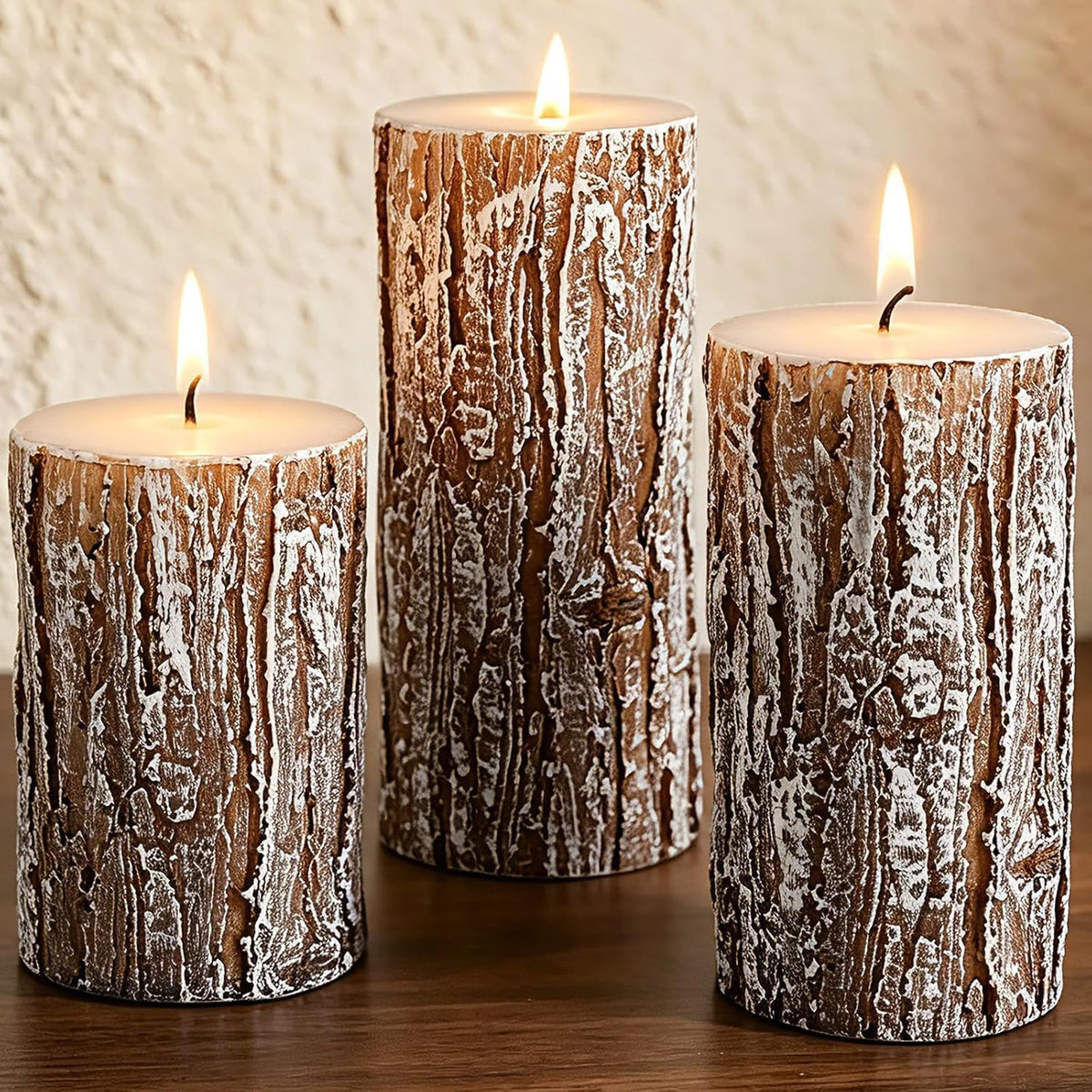 Rustic Pine Tree Pillar Candle Set of 3, Unscented Home Decor