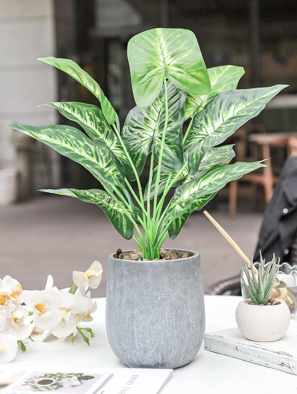 Der Rose 16" Fake Plant Potted Taro Leaf with Rocks for Home Decor