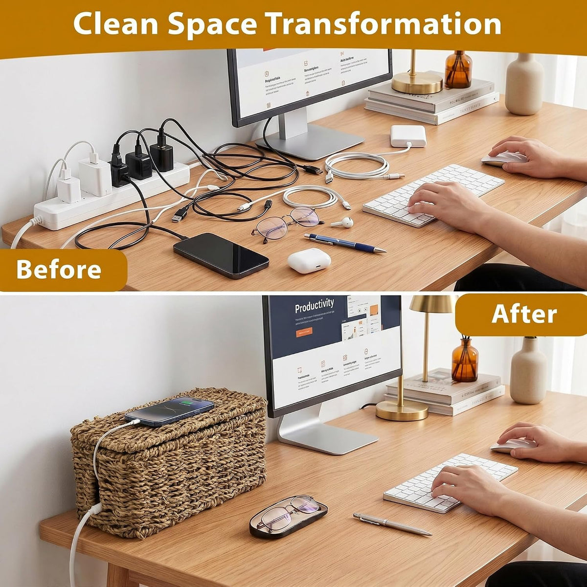 2 Pack Handwoven Cable Management Box with Lid, Decorative Cord Organizer for Power Strips, Chargers, TV Wires, Desk, Home & Office Storage, Natural Sea Grass