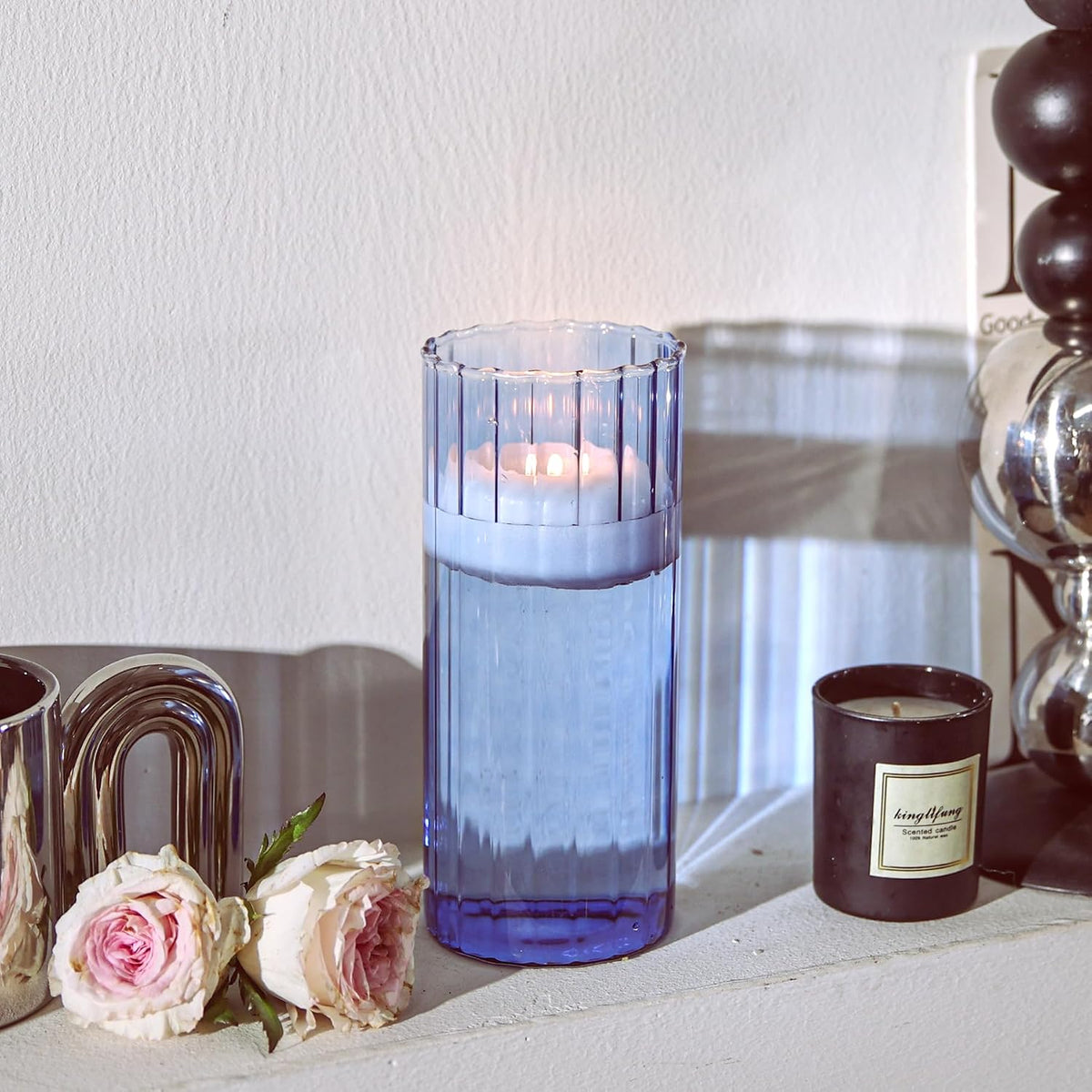 ComSaf Glass Cylinder Vase 8 Inch Tall, Blue Ribbed Decor for Centerpieces