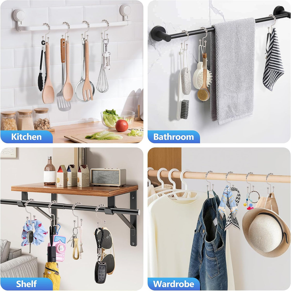 Resze 12 Pcs Shower Curtain Hooks,Metal Double Shower Curtain Rings, Nickel