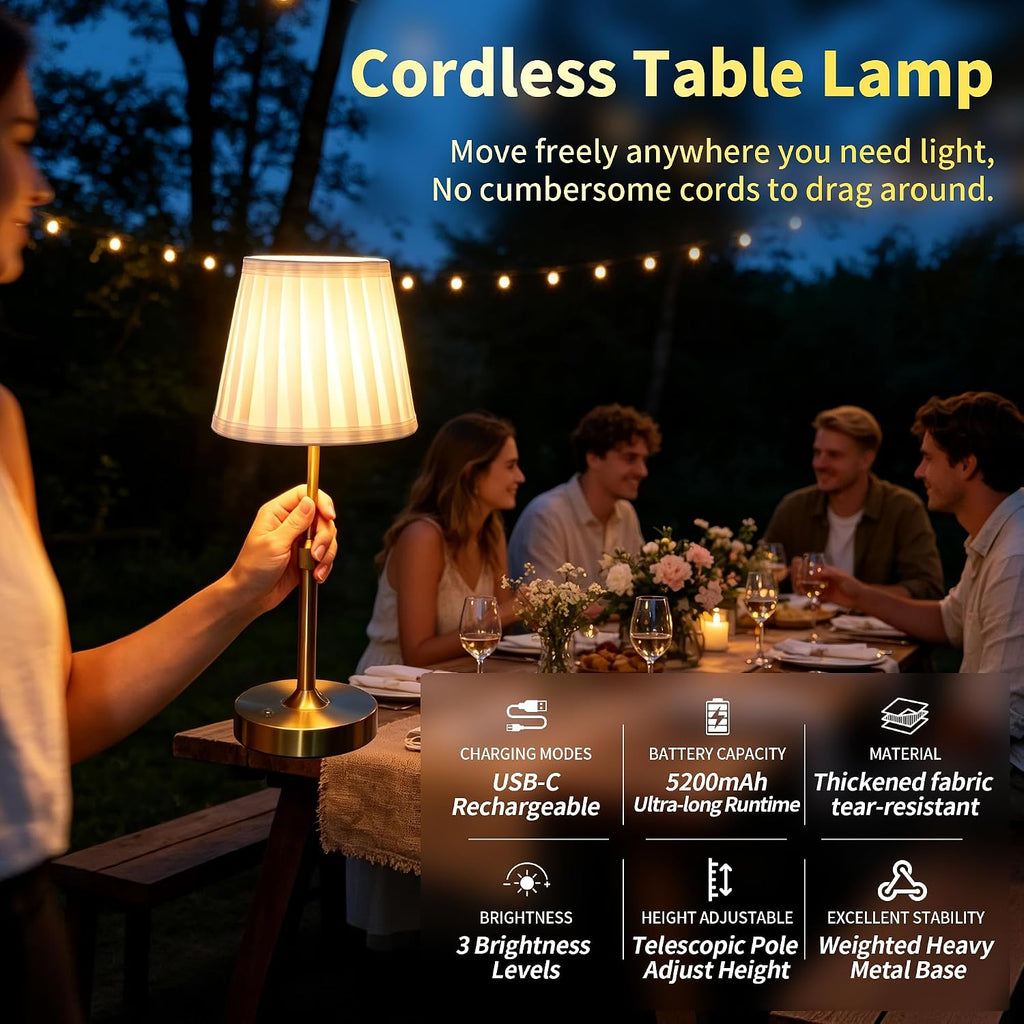 Cordless Rechargeable LED Table Lamp with Telescopic Pole, 5200mAh Touch Control 3-Level Brightness Battery Powered Table Light, for Kitchen Patio Restaurant (Gold)