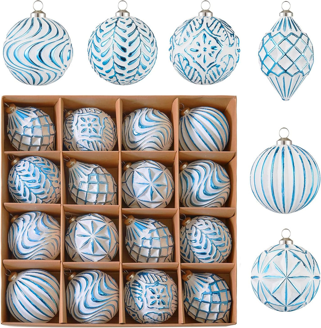 16Pcs Vintage Rustic Christmas Ball Ornaments - Large Shatterproof Neutral Christmas Ornaments Set Farmhouse Christmas Decor for Xmas Tree Home Party Holiday (Blue)
