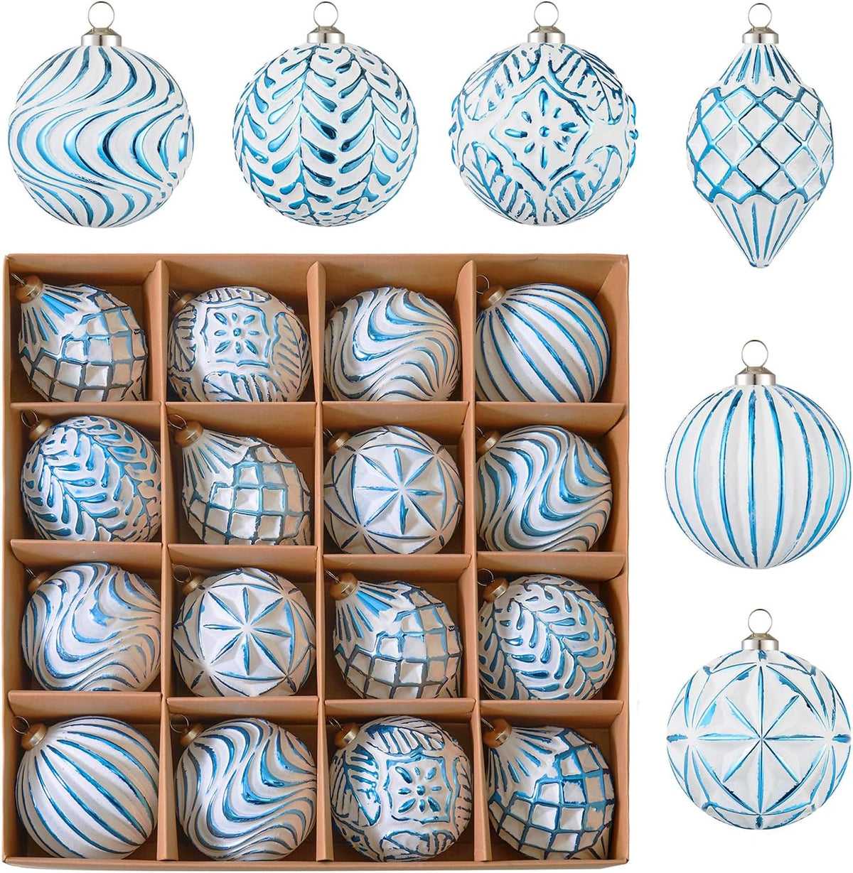 16Pcs Vintage Rustic Christmas Ball Ornaments - Large Shatterproof Neutral Christmas Ornaments Set Farmhouse Christmas Decor for Xmas Tree Home Party Holiday (Blue)