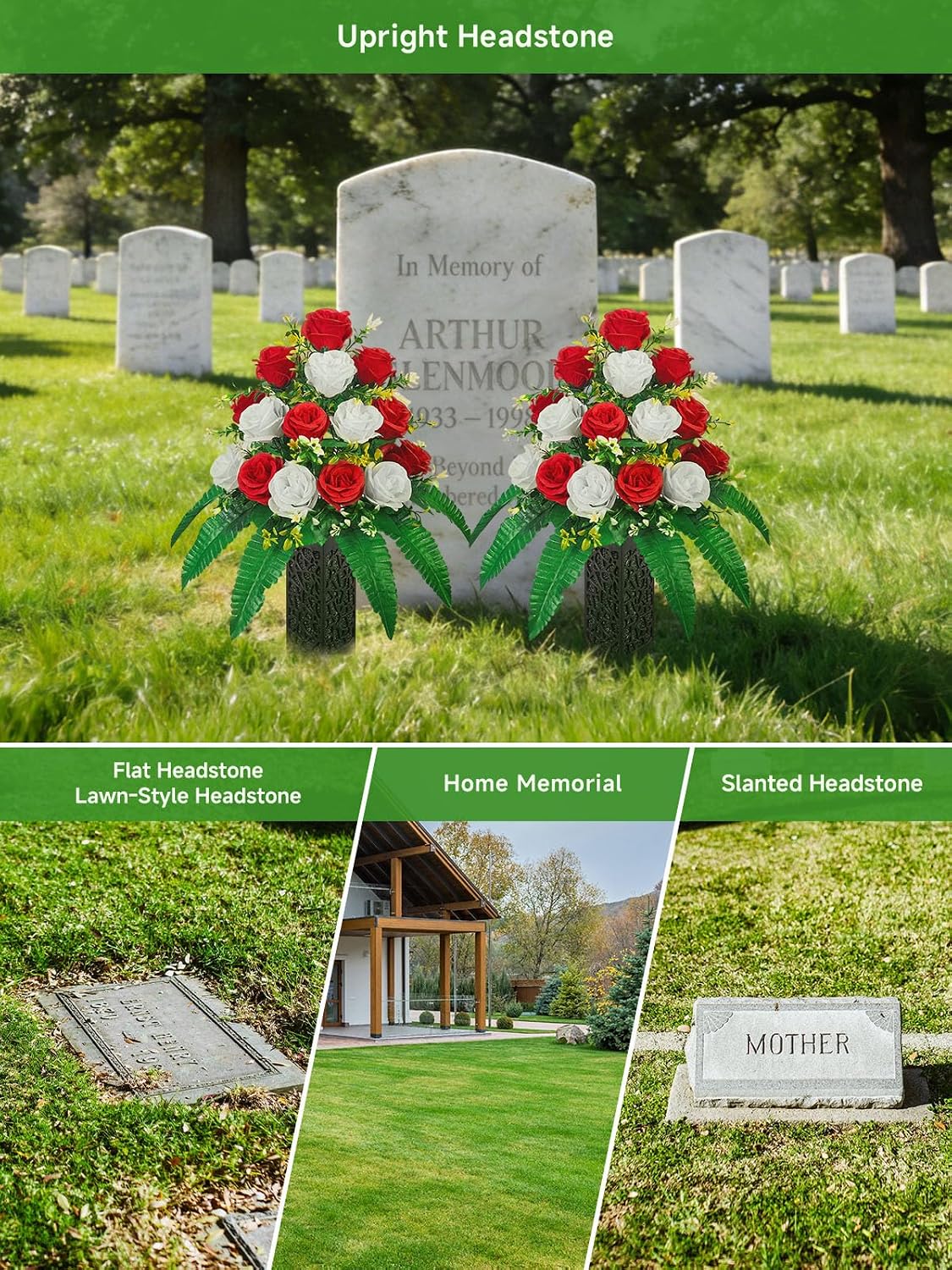 Mirevielyn 18-Stem Artificial Rose Cemetery Flowers with Spiked Vases
