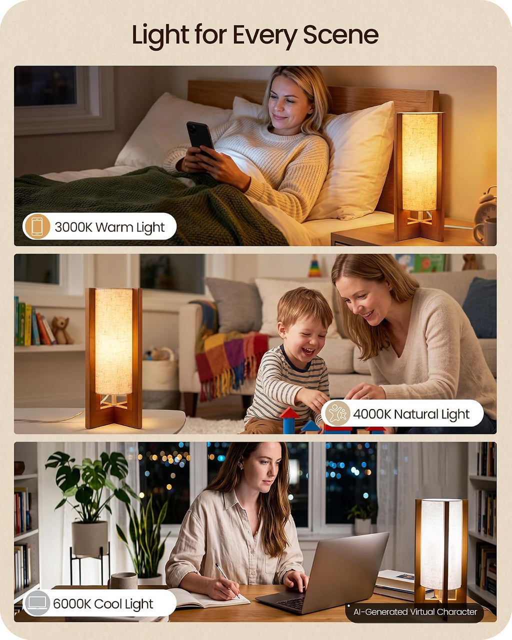 Small Table Lamp, 13.4" Wood Bedside Lamp with A19 LED Bulb