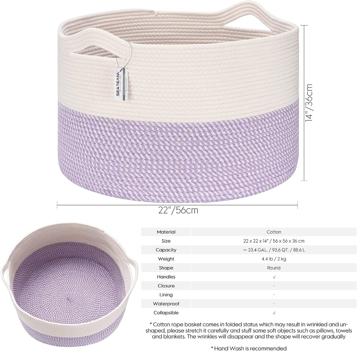 Sea Team XXXL Cotton Rope Basket, Large Woven Nursery Storage Bin, Laundry Hamper, Jumbo Blanket Basket for Rugs, Cushions, Pillows, Toys Organizer, 22 x 14 Inches, White & Mottled Lavender