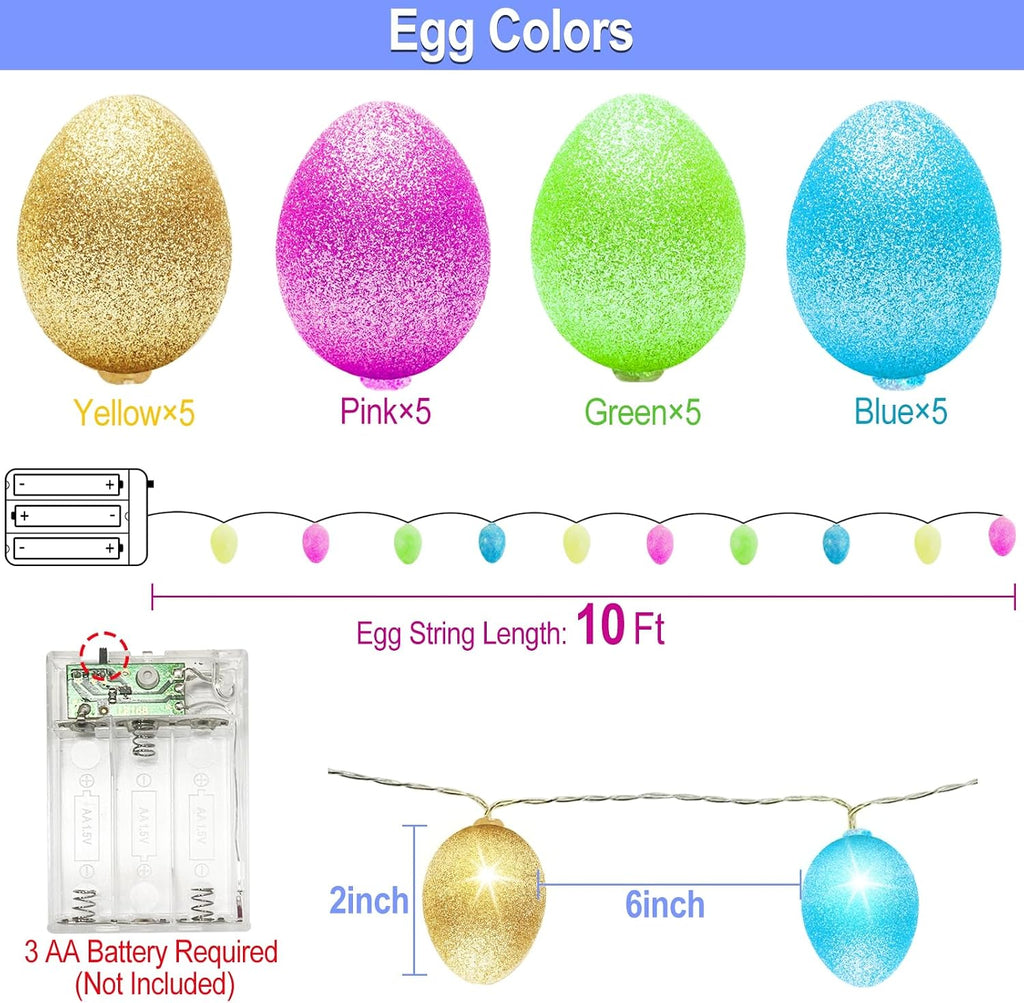 Easter Decorations Easter Lights String, 10FT 20LED Egg Light with Timer, Colorful Eggs String Lights Battery Operated Fairy Lights Garland Easter Decor for Home Bedrooms Window Tree Indoor Outdoor