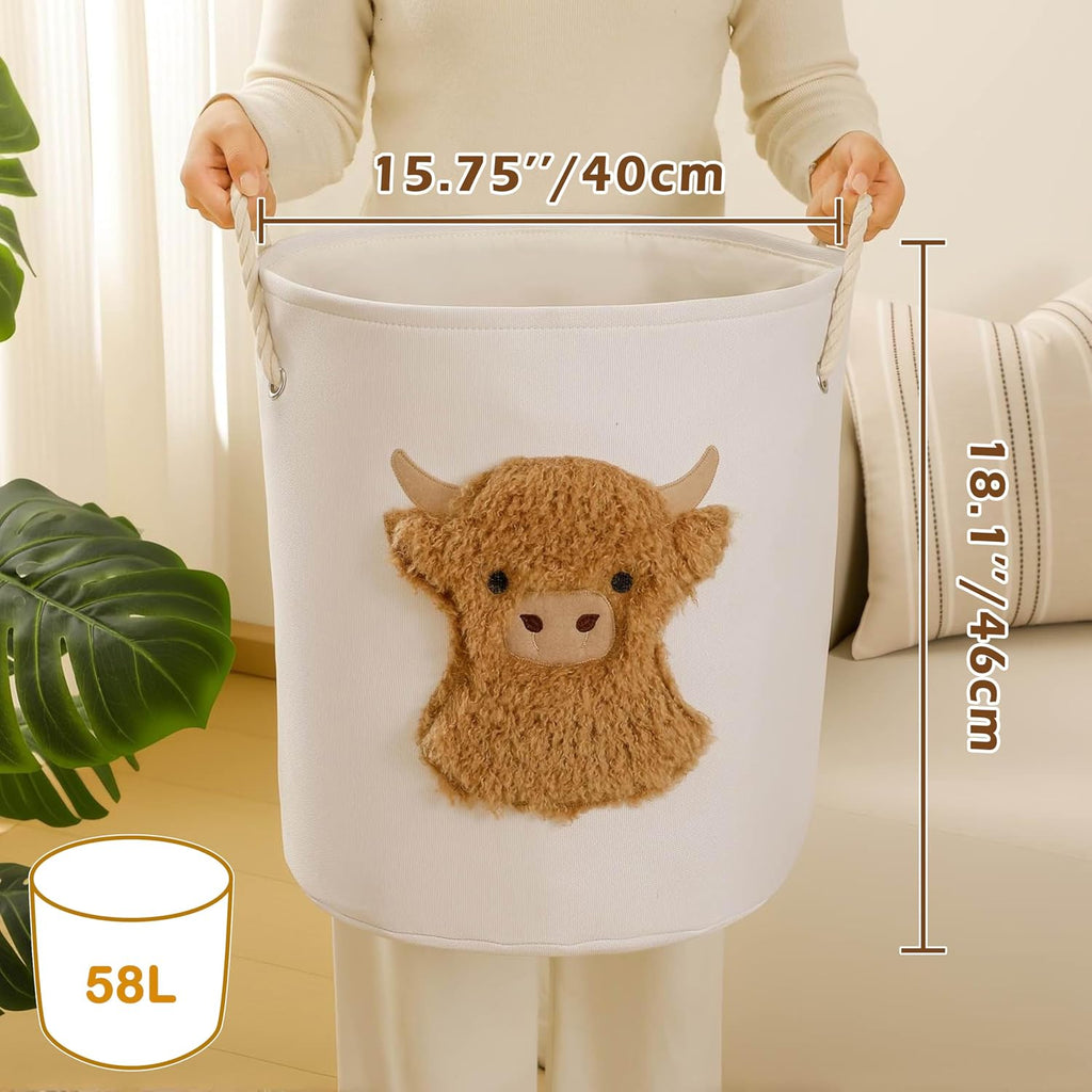 Kids Laundry Basket Baby Hamper for Nursery, 58L Large Dirty Clothes Hampers with Drawstring Closure, Highland Cow Baby Stuff Storage Basket, Stuffed Animal Storage Basket Canvas Toy Laundry Hamper