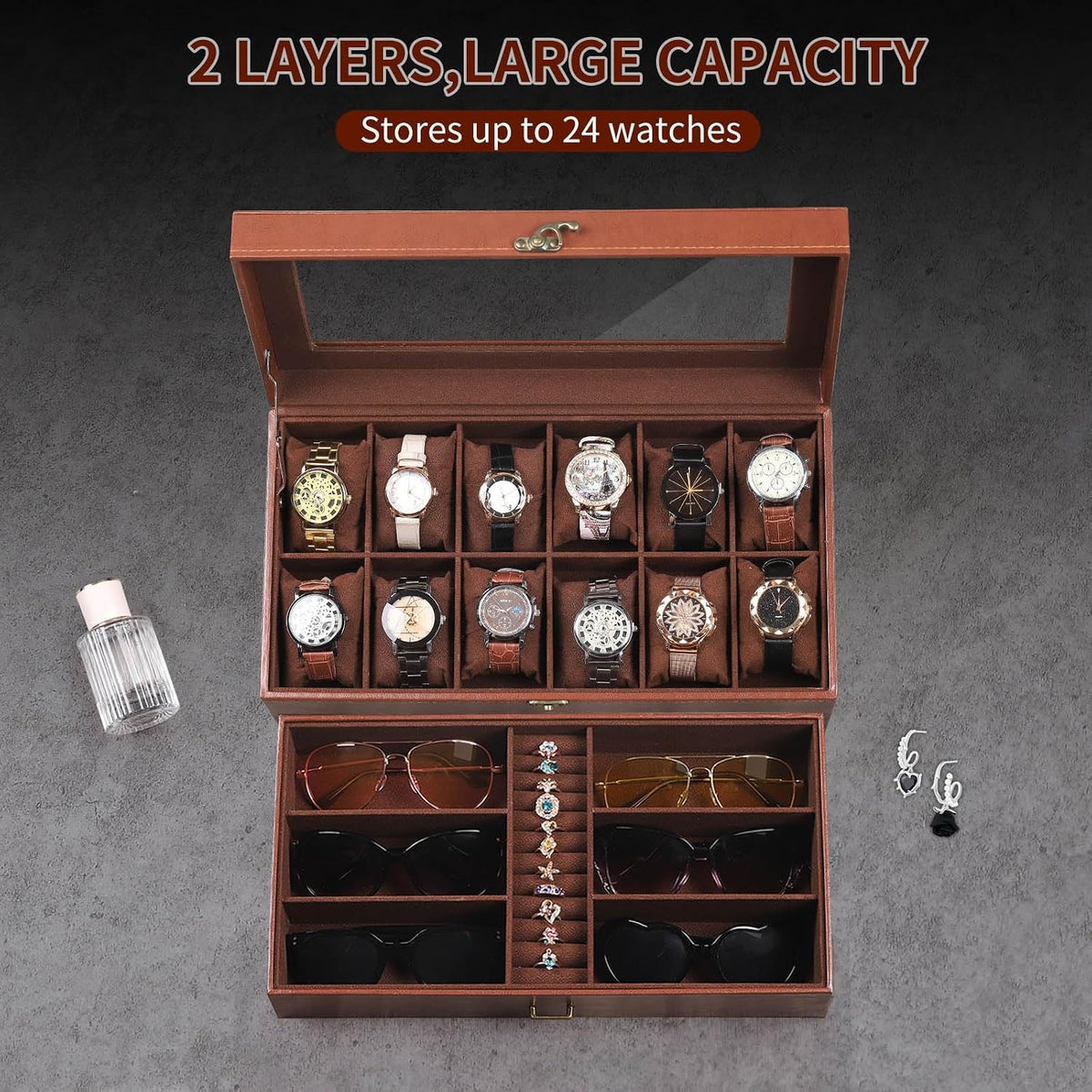 AUTOARK Leather & Velvet Watch Box & Sunglass Organizer,Coffee,MKAW041