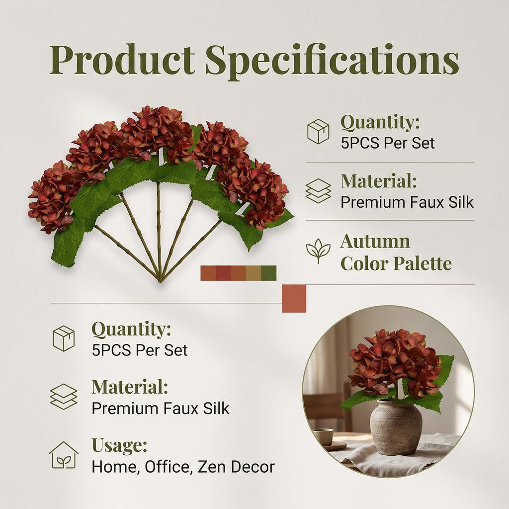 5 Pcs 18.5 Inch Fall Red Artificial Hydrangea Flowers with Stems, Faux Silk Realistic Fake Hydrangea Bouquet, Autumn Rust Fake Flower for Vase Table Centerpiece Wedding Home Farmhouse Fall Decor