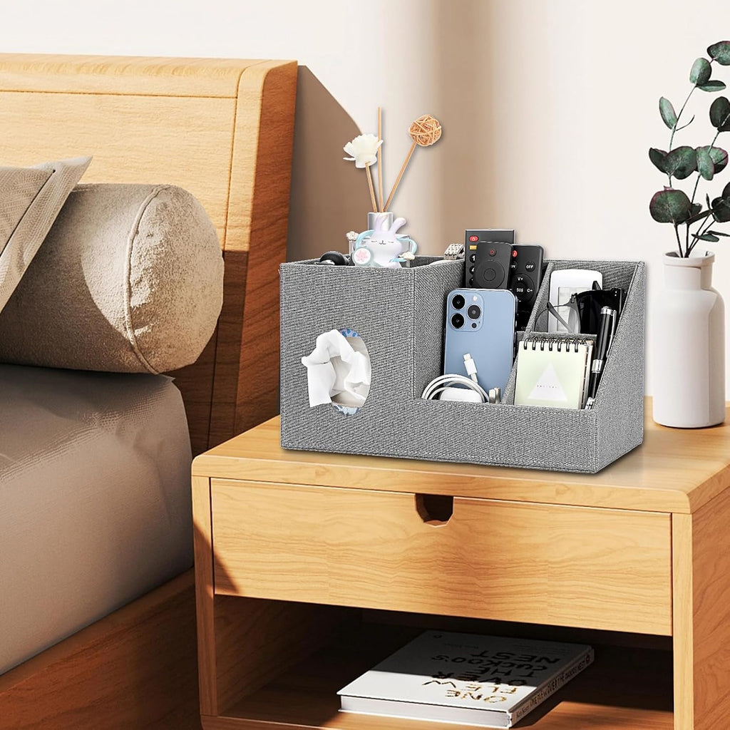 Sumnacon Square Linen Tissue Box Cover with Side and Top Organizer, Grey