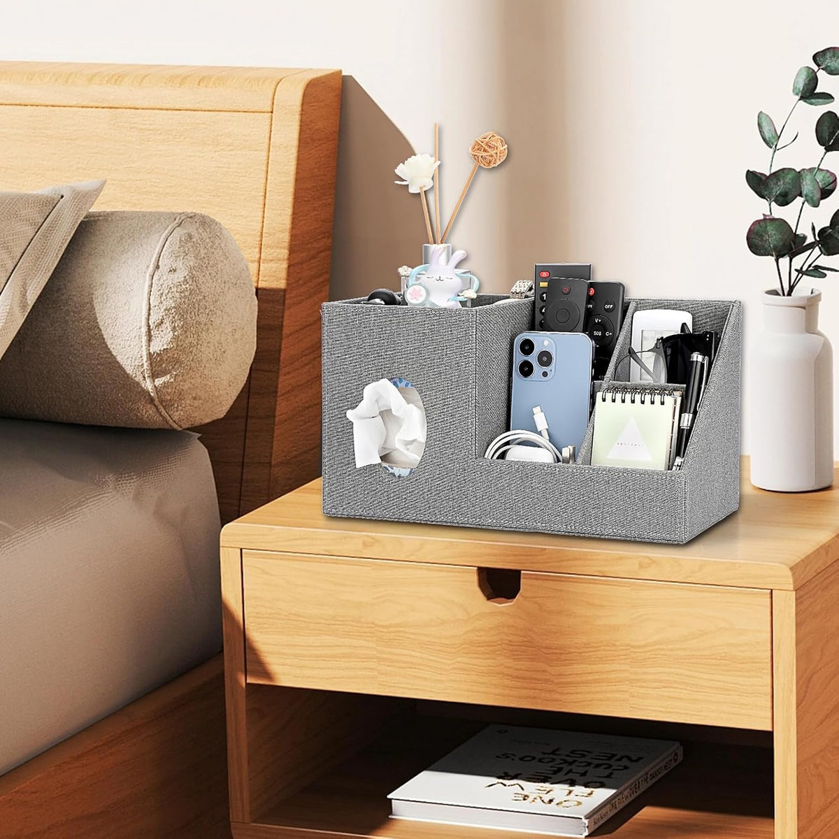 Sumnacon Square Linen Tissue Box Cover with Side and Top Organizer, Grey