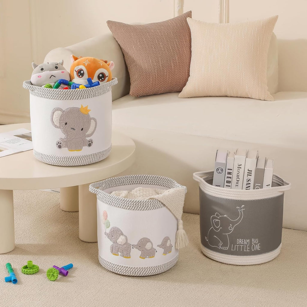3-Piece Woven Baby Toy Blanket Storage Baskets Laundry Hampers, Elephant Design Foldable Nursery Organizer for Toys Clothes Stuffed Animals, Roomy Sturdy Hamper for Baby Gift Nursery Decor Basket
