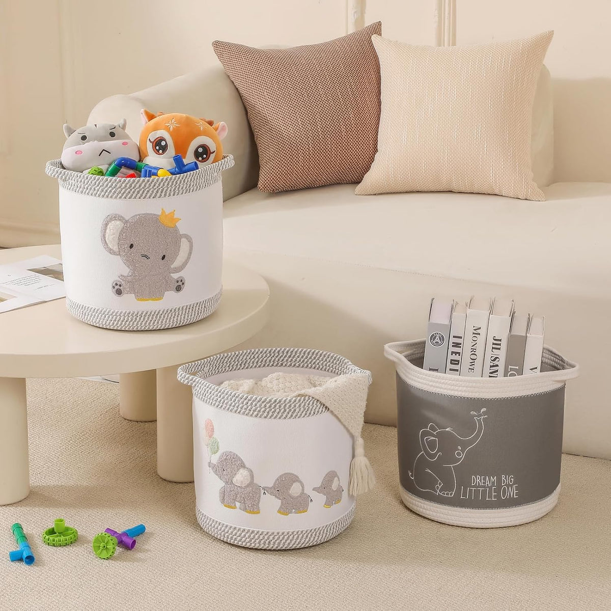 3-Piece Woven Baby Toy Blanket Storage Baskets Laundry Hampers, Elephant Design Foldable Nursery Organizer for Toys Clothes Stuffed Animals, Roomy Sturdy Hamper for Baby Gift Nursery Decor Basket