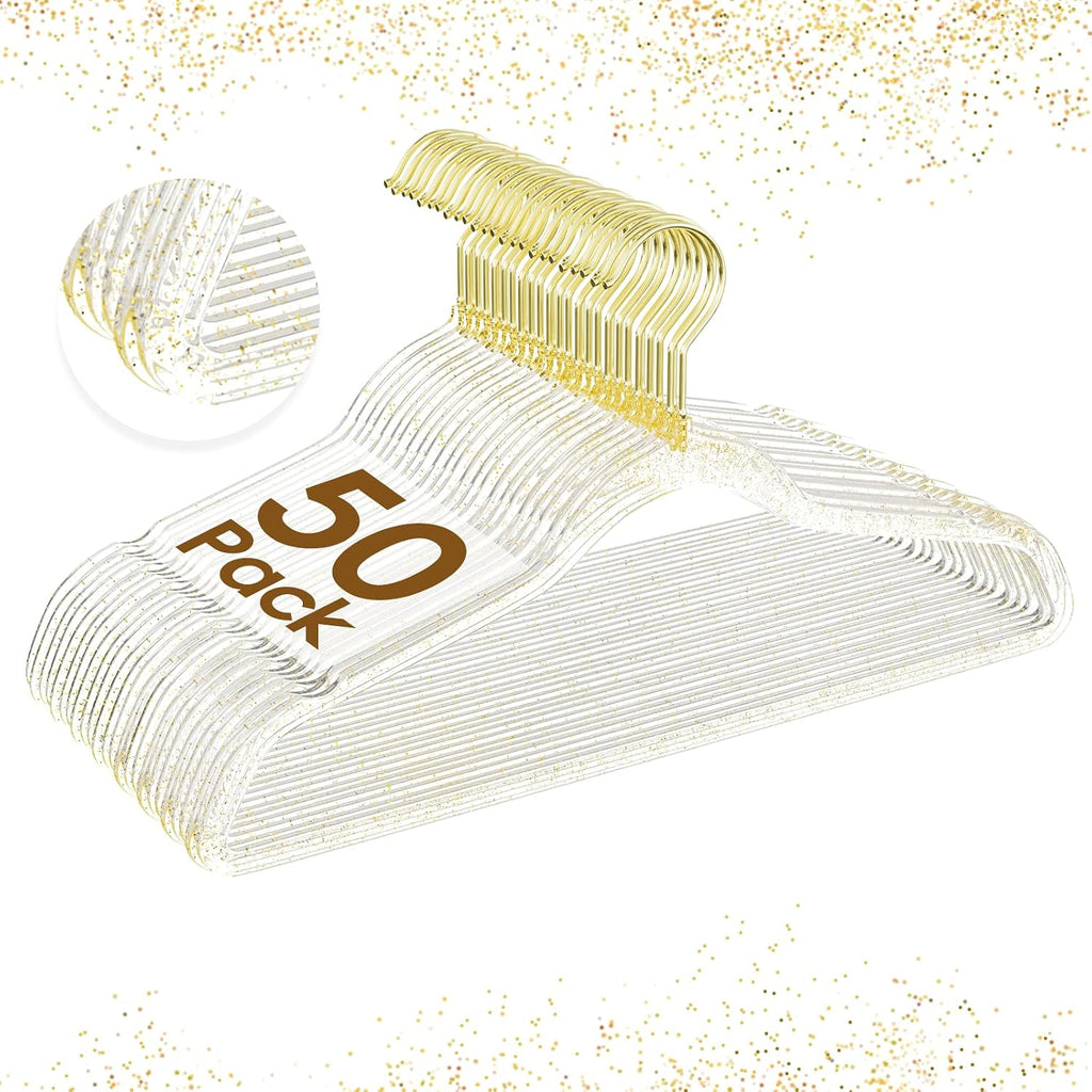 50 Pack Clear Acrylic Hangers with Gold Glitter, Space Saving