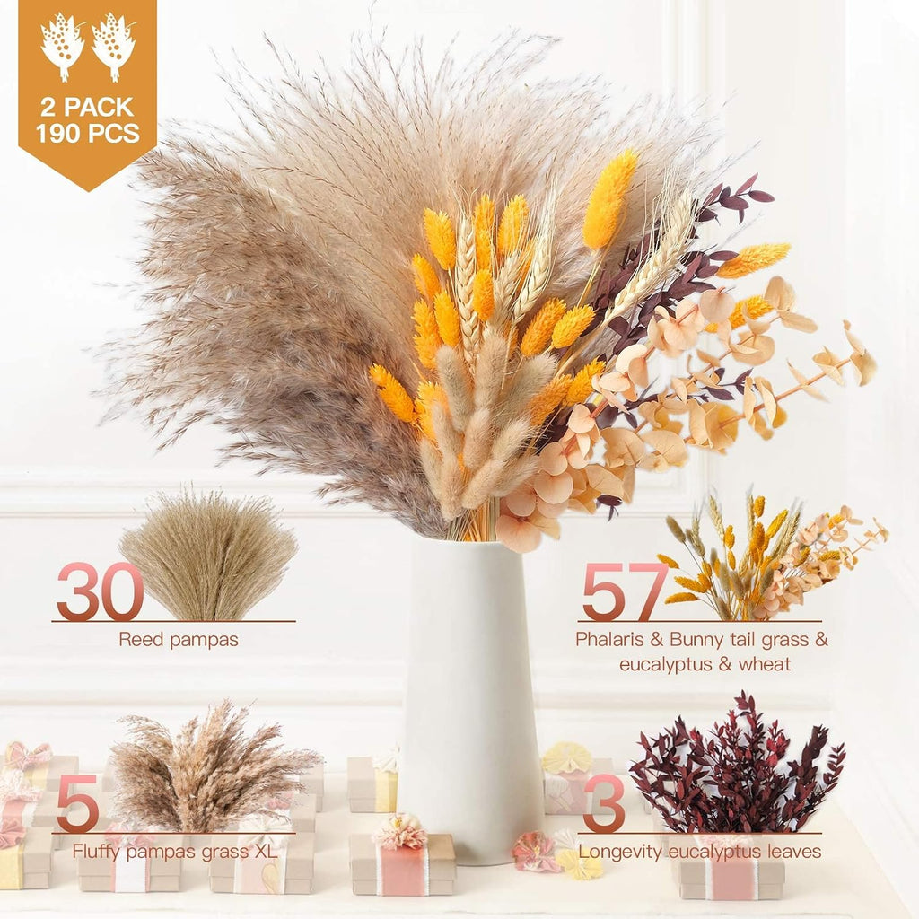 HUMINBO Fall Decor Autumn Decorations for Home - Boho Flowers Orange Pampas Grass Decor Fluffy Dried Flower Bouquet Dry Pompas 17"-95-Pcs Pompous (2 Pack)