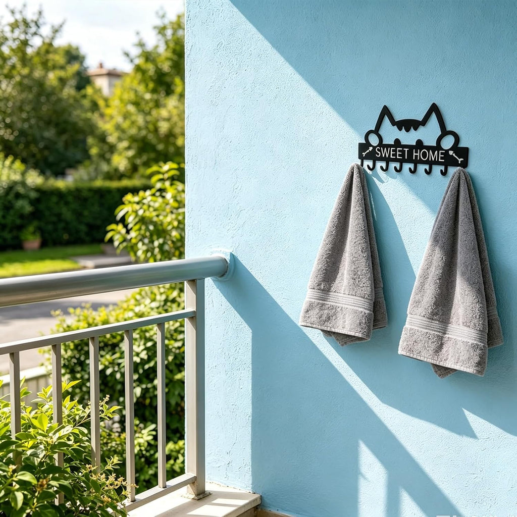 8 Hooks Entryway Wall Key Holder, Metal Key Rack Wall Mount for Keys, Bags and Leashes, Decorative Organizer for Entryway, Mudroom or Hallway, Sweet Home Design, 11 x 6.3 Inches, Black