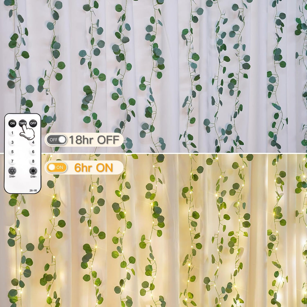 suddus 200 LED Vine with Light Plug in, 6.5ft x 6.5ft Eucalyptus Fairy Curtain Lights with Remote, Leaf Fairy Lights for Wall,Bedroom, Dorm, Wedding, Party, Indoor Decor(Warm White)