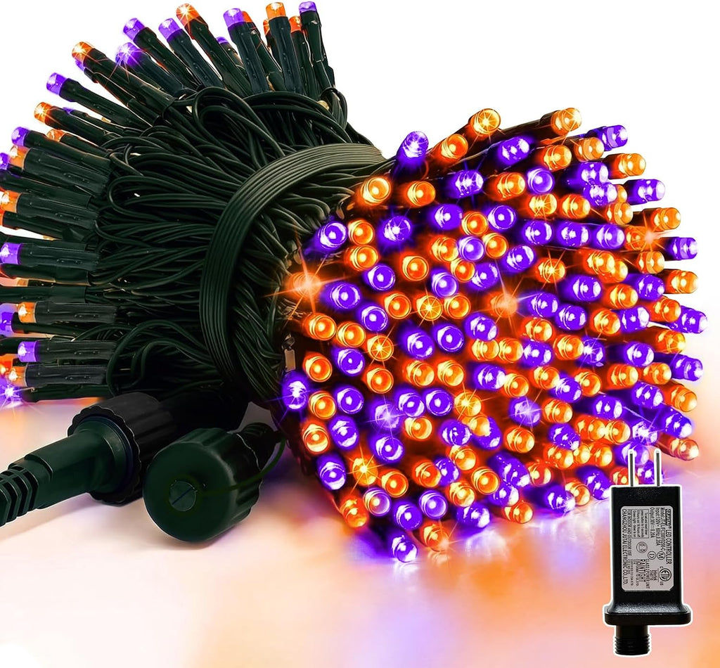 LAMPHOME 33ft Halloween Decorative Mini Lights, 100 LED Green Wire Fairy Starry String Lights Plug in, 16Lighting Modes, for Halloween Decoration Outdoor Party Decoration (Orange and Purple)