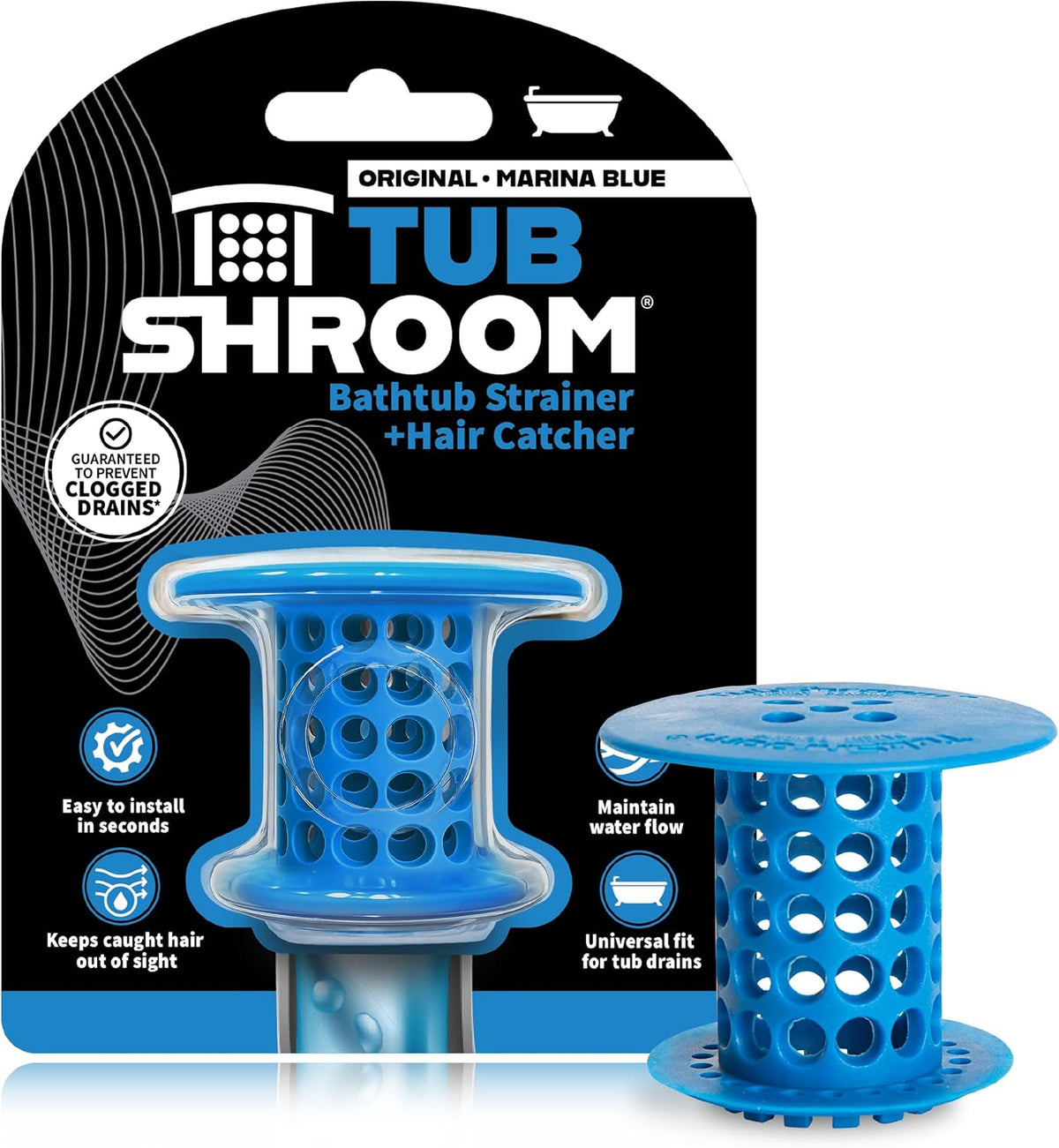 TubShroom Bathtub Drain Hair Catcher – In-Drain Tub Strainer & Clog Prevention Protector, Fits Standard 1.4”–1.75” Tub Drains, Easy Clean, Captures Human & Pet Hair out of Sight (Blue)