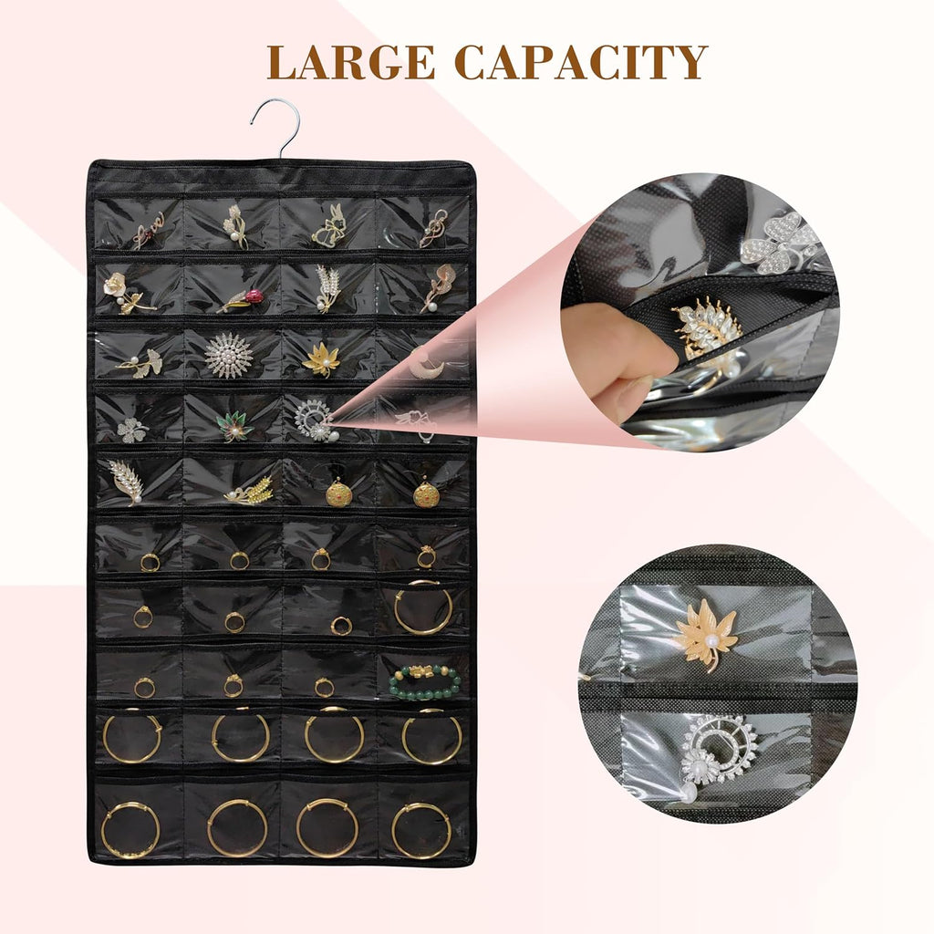 2 PACK (Each Pack 80 Pockets,Total 160 Pockets) Hanging Jewelry Organizer with Hanger Metal Hooks Storage On Wall Door Closet Double-Sided Jewelry Holder for Earrings, Necklaces, Rings (2 Pcs Black)