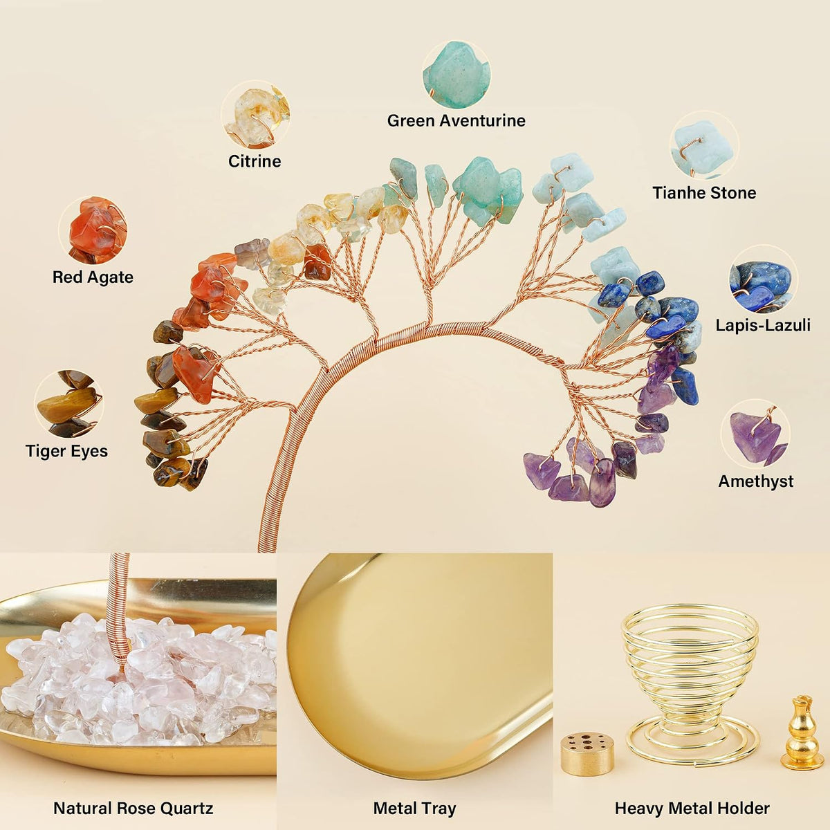 ZenBless 7 Chakra Healing Crystal Tree Incense Holder Palo Santo Sage Burner Brass Ash Catcher for Incense Sticks Coil Cones Yoga Meditation Zen Spiritual Room Home Decoration (Oval)