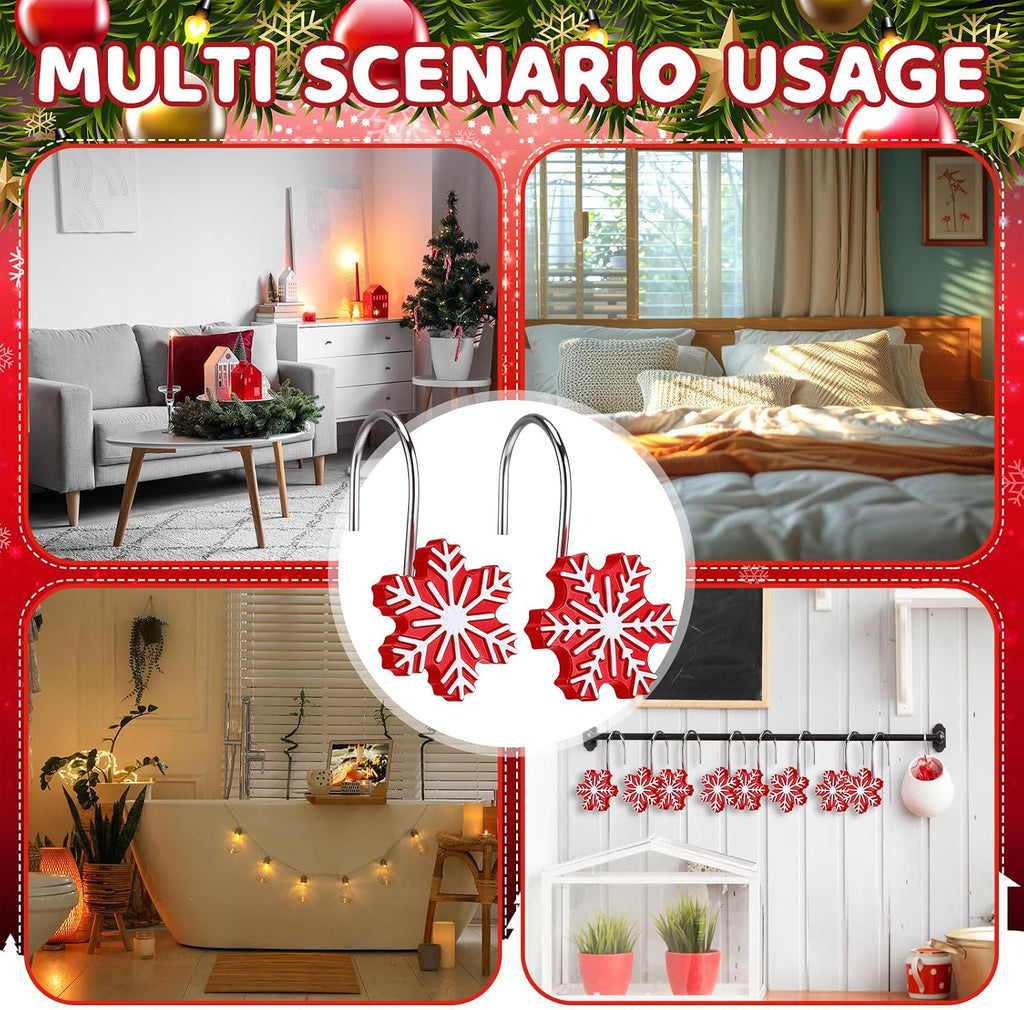 CroBlissful 12 Pcs Christmas Winter Snowflake Shower Curtain Hooks 2 Styles Snowflakes Curtain Hangers Hooks Red White Winter Decorative Rings for Bathroom Restroom Rods Wall Decor