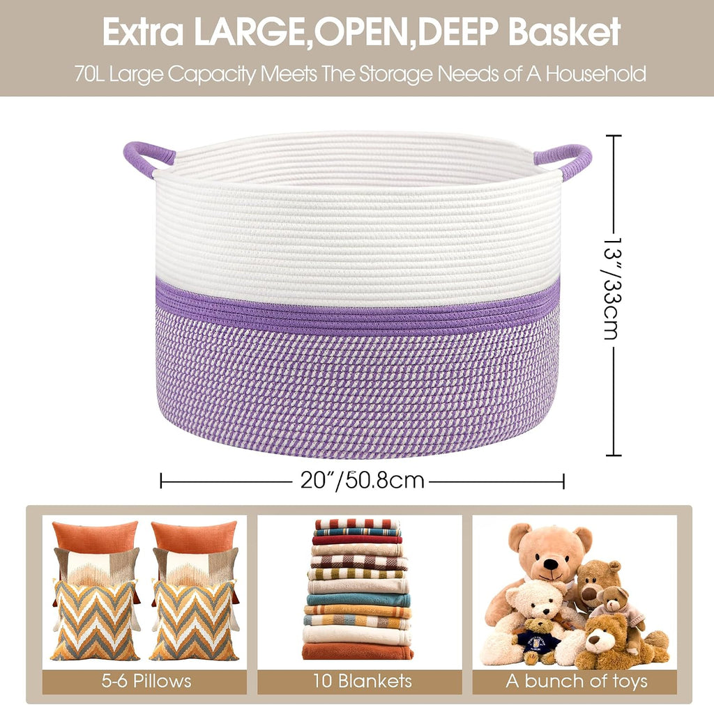 Large Cotton Rope Storage Basket, 20''x13'' Woven Laundry Hamper for Living Room, Nursery, Toys, Blanket Organization with Handles (White and Purple)