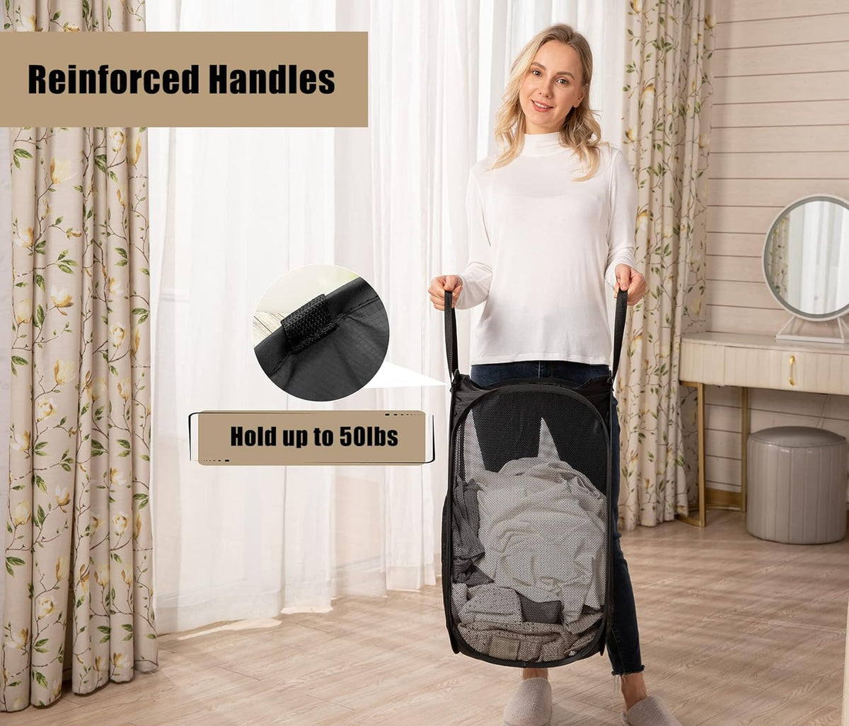 HOUSE AGAIN Strong Mesh Pop Up Laundry Hamper, 70L Collapsible Laundry Basket with Steel Frame, Double‑Stitched Handles & Side Pocket, Foldable Dirty Clothes Hamper for Dorm, Bedroom, Black
