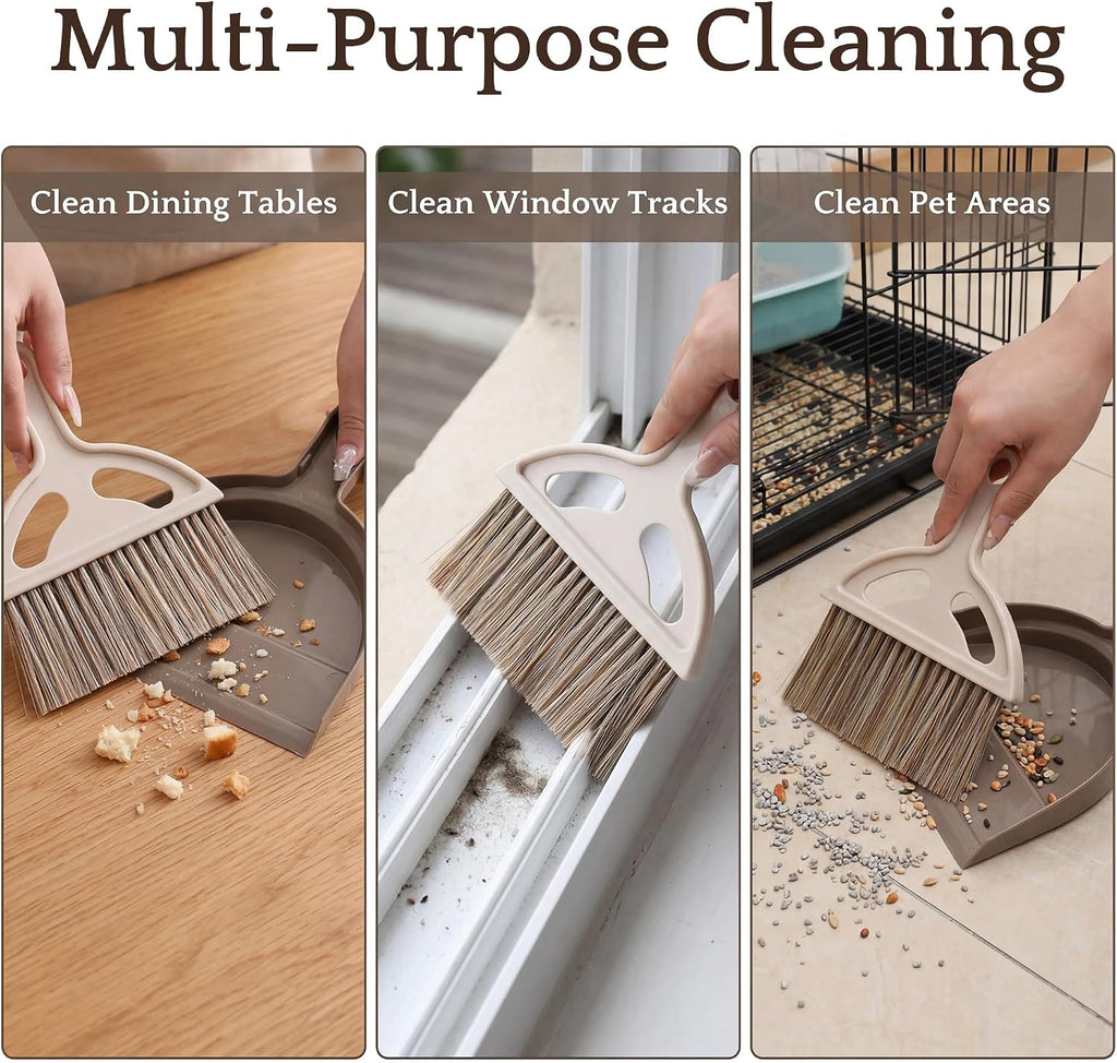Mini Broom and Dustpan Set, Compact Hand Brush Dust Pan Combo for Desk, Keyboard, Car Interior, Countertop, Cat Litter, Small Space Cleaning, Brown