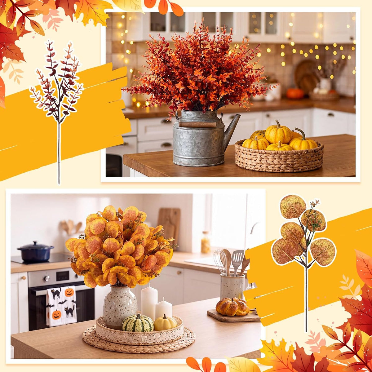 Yunsailing 100 Pcs Mixed Fall Greenery Stems Faux Eucalyptus Leaves, Yellow