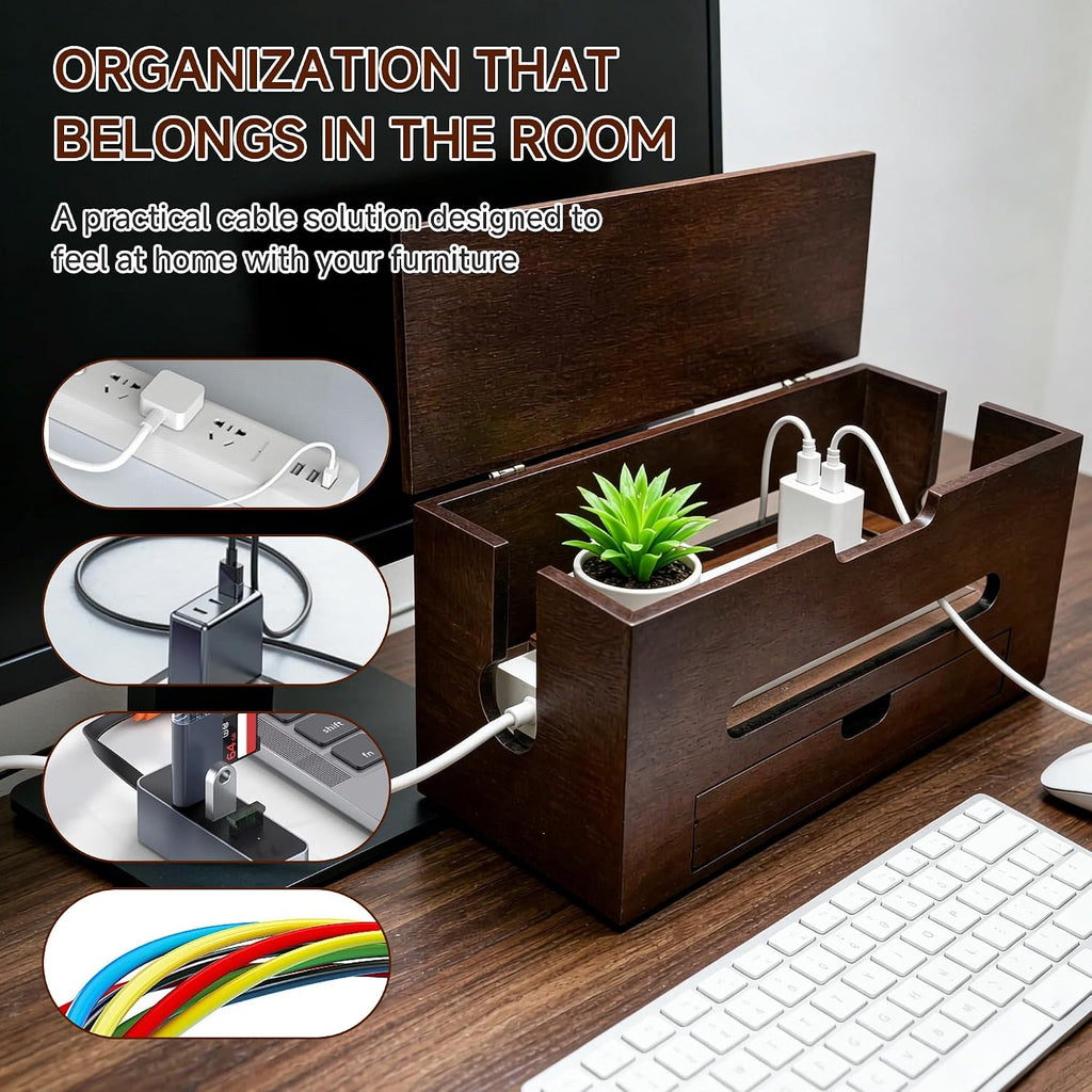 Cable Management Box with Storage Drawer, Wooden Cord Organizer Box
