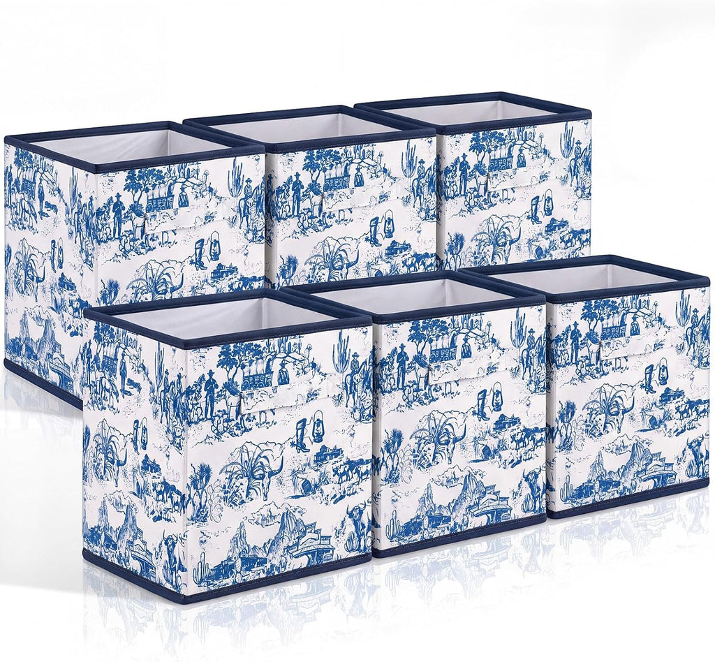 SiliFine 6 Pcs Blue Toile French Country Cube Storage Bins, 11 Inch