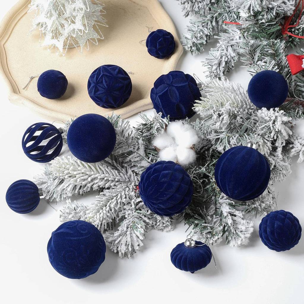 36pcs Velvet Christmas Ball Ornaments Set, Flocked Shatterproof Christmas Ornaments, Xmas Tree Decorations Set Hanging Ornaments Decor for Xmas Holiday Party Home (Navy Blue)