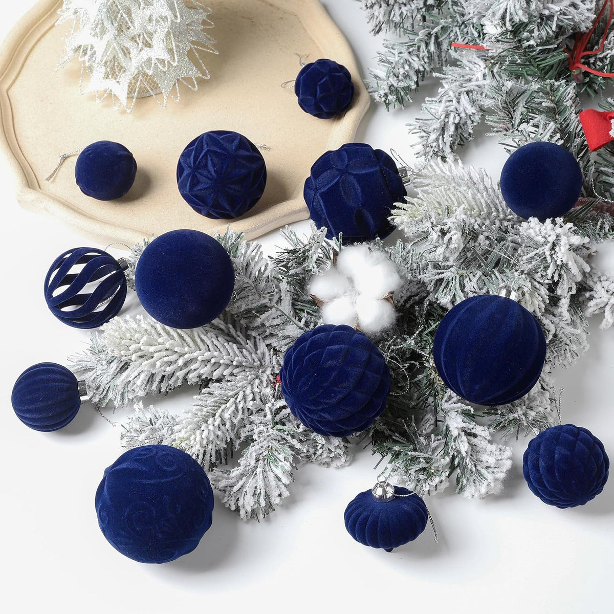 36pcs Velvet Christmas Ball Ornaments Set, Flocked Shatterproof Christmas Ornaments, Xmas Tree Decorations Set Hanging Ornaments Decor for Xmas Holiday Party Home (Navy Blue)