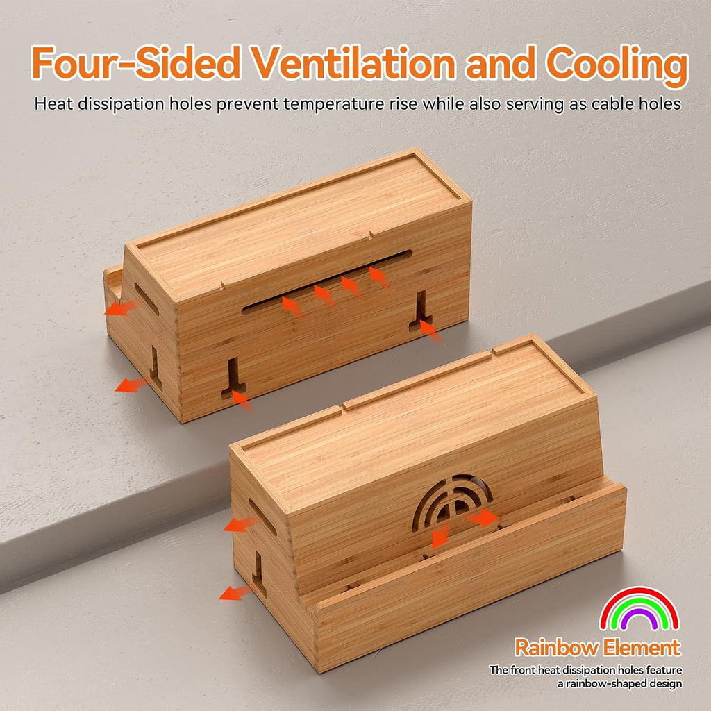 Bamboo Cable Management Box, Natural Color, 31X14X15.5CM