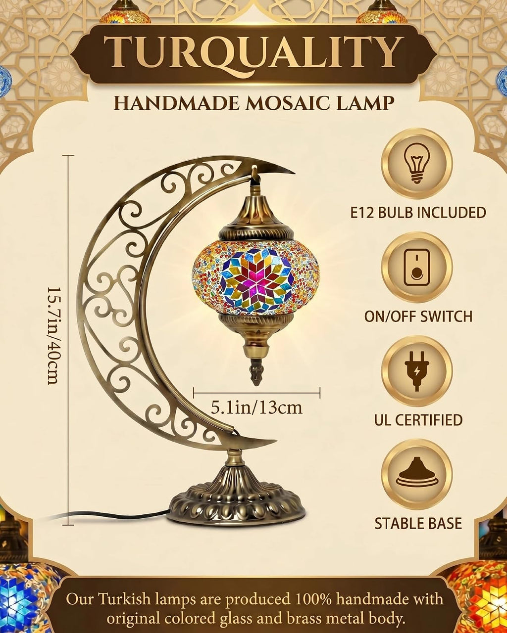 Hortsun Turkish Lamp Moon Shaped Moroccan Lamp Turkish Mosaic Stained Glass Table Light with Bronze Base Colorful Moroccan Globe Light for Decorative Home Designs