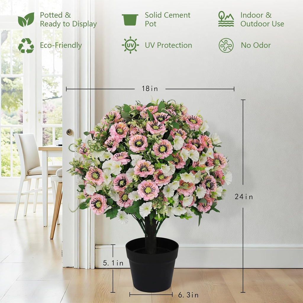 24" Artificial Flowers Topiary Ball Trees, Faux Outdoor Plants