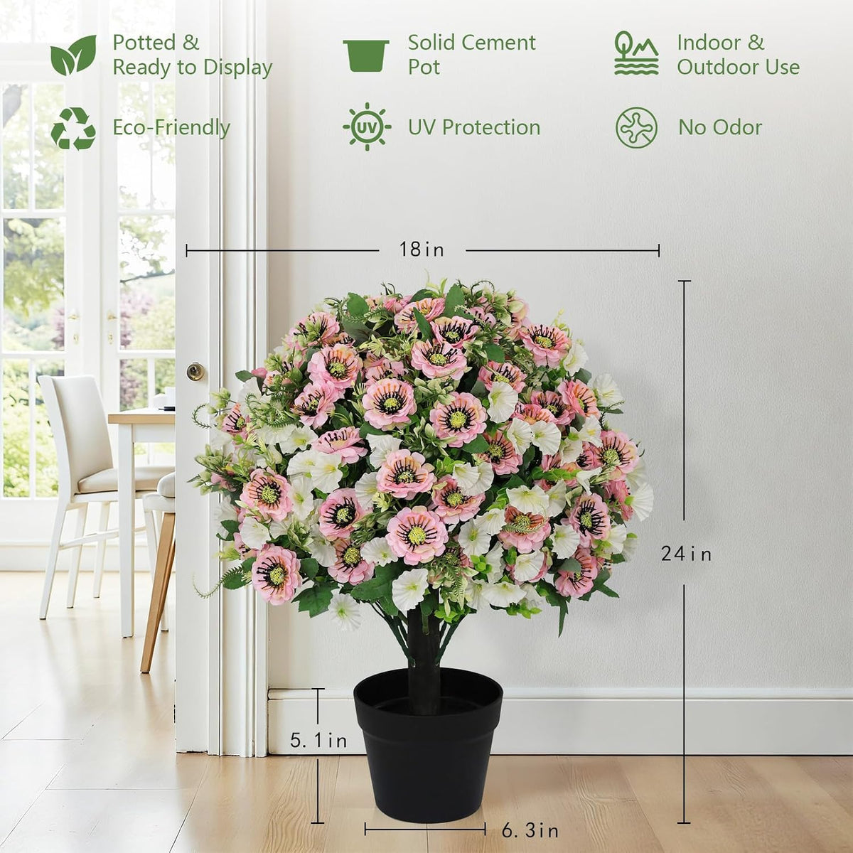 24" Artificial Flowers Topiary Ball Trees, Faux Outdoor Plants