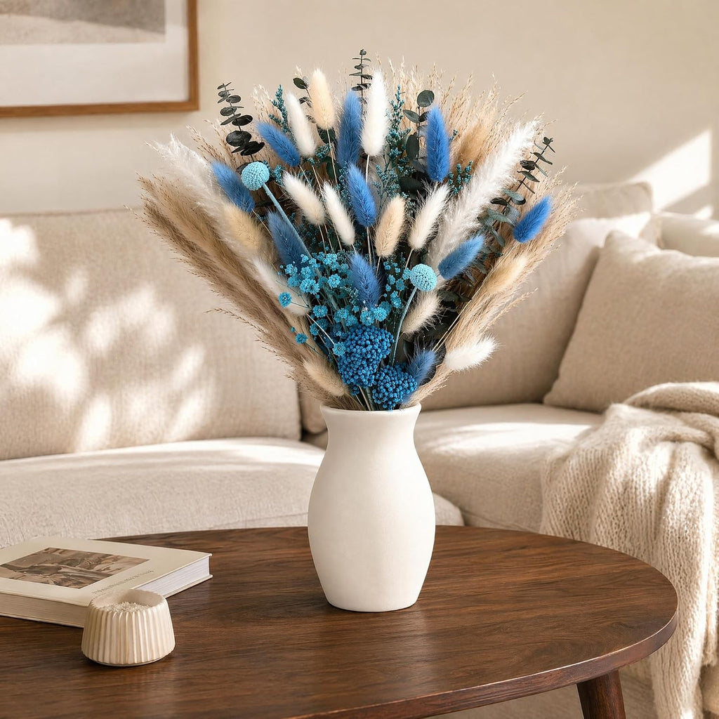 Umero Blue Pampas Grass Bouquet - 17in Dried Flower for Vase Boho Decor