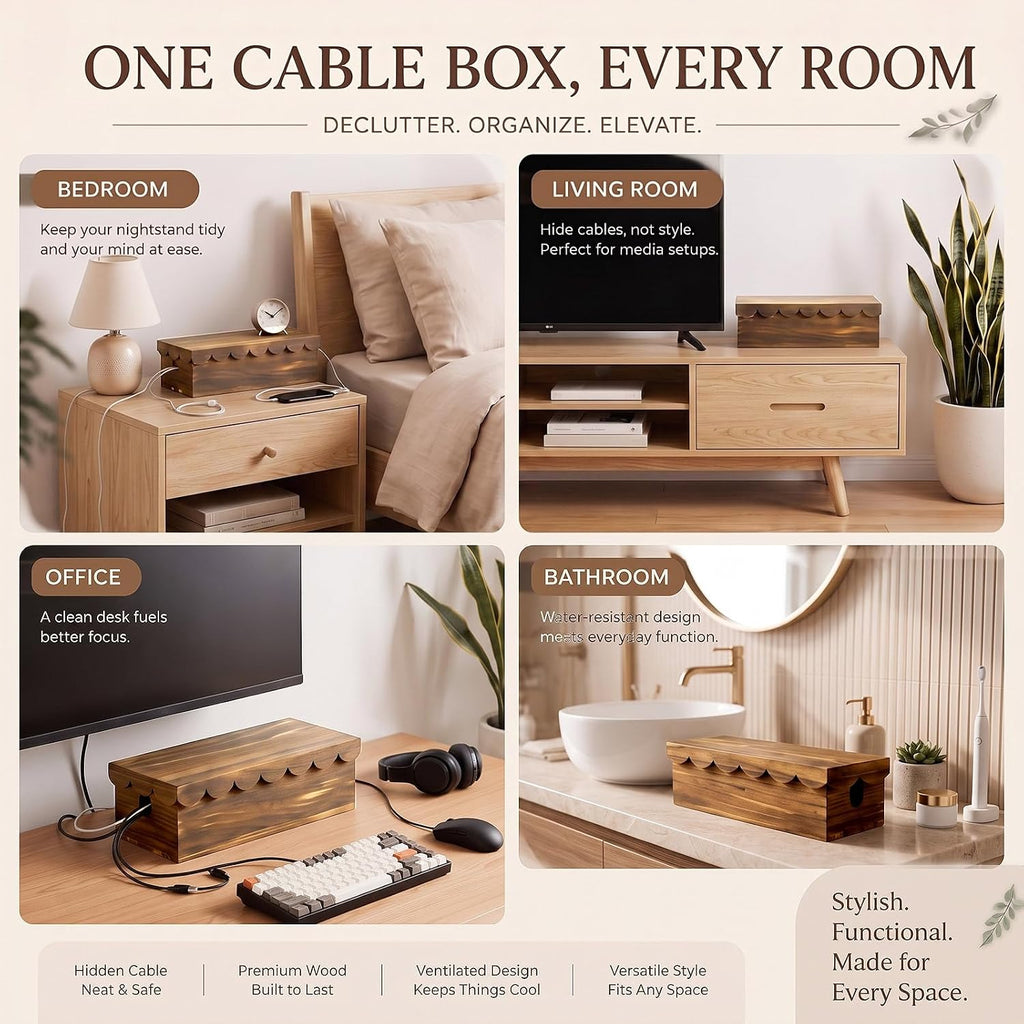 Patelai 2 Pcs Wooden Cord Basket Hider Cable Management Box Scalloped Edge