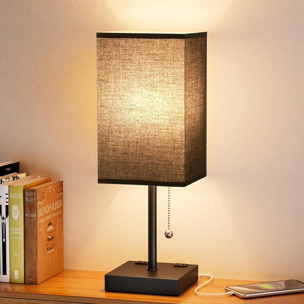Black Lamp for Bedroom - 3 Color Temperatures, USB A+C, 2 AC Outlets