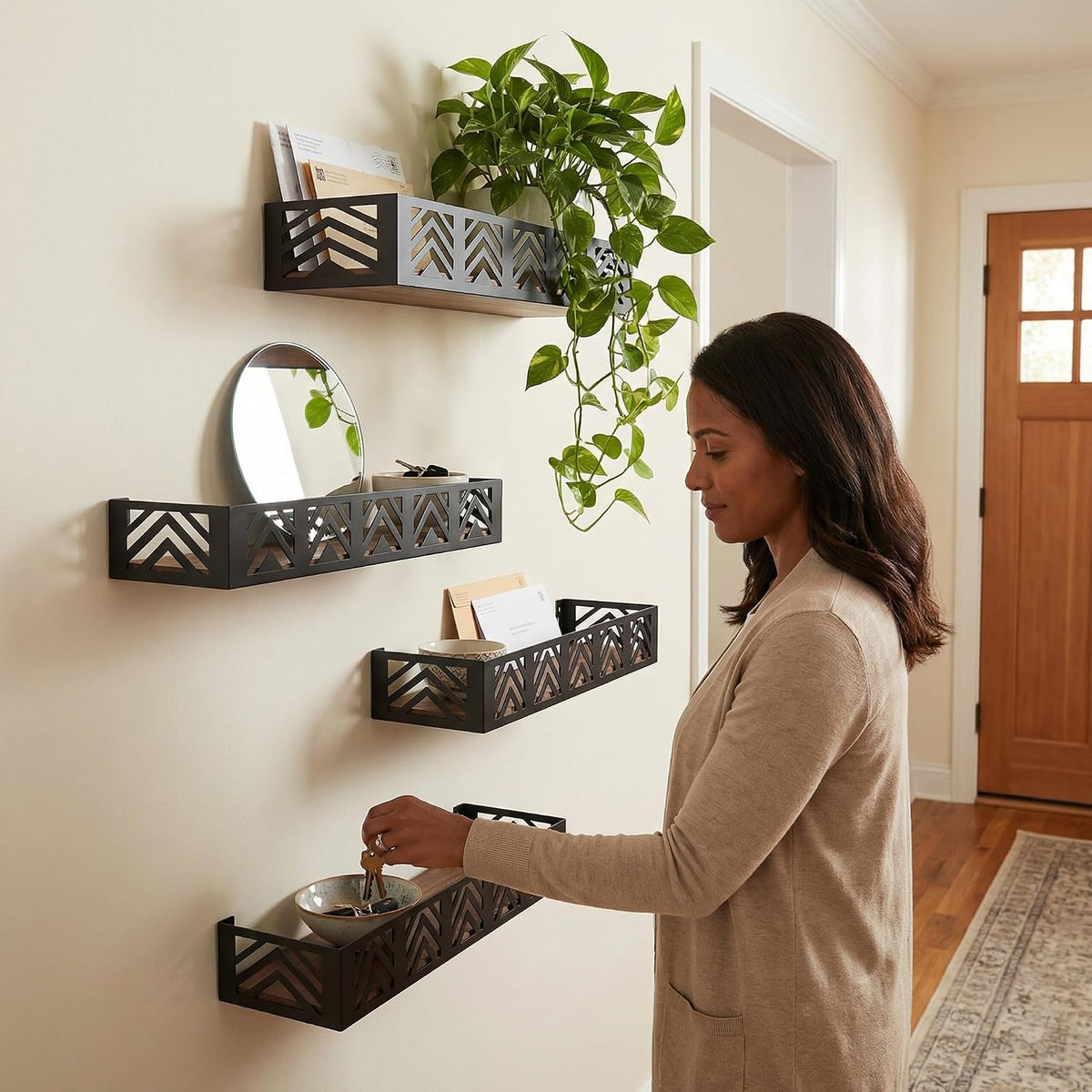 Floating Shelves Set of 4, Home Metal Wood Shelf, Black