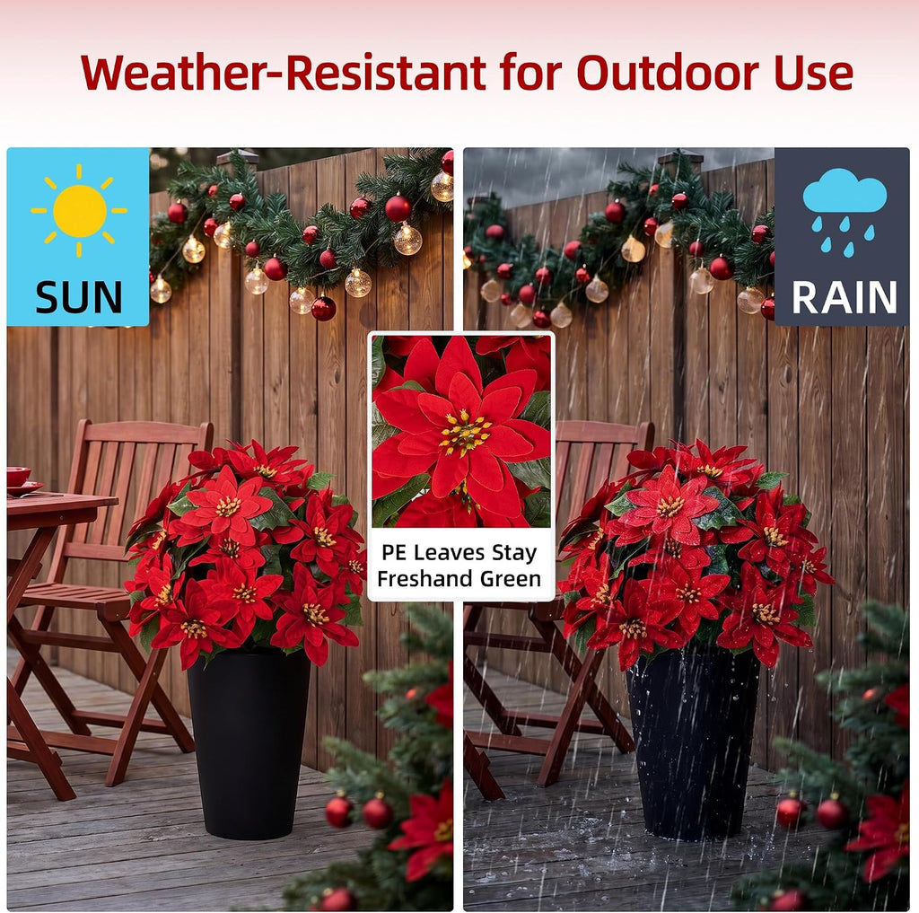 Artificial Christmas Poinsettia Flower Topiary Shrubs, Faux Greenery Ball Bush for Christmas Decoration,24.8" Fake Tree with Ground Spike,UV Resistant Plants for Front Porch Outdoor Decor,Set of 2