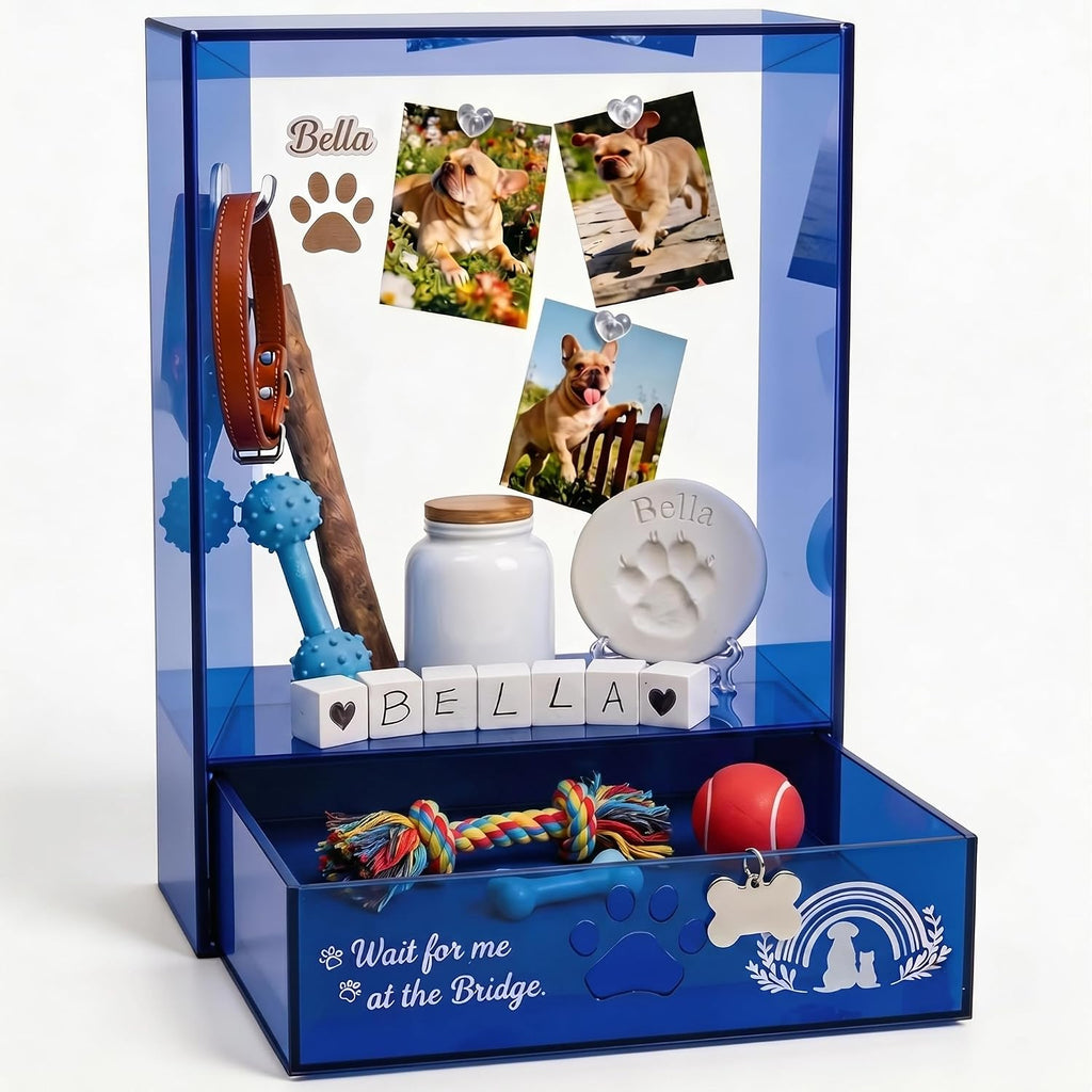 Pet Memorial Shadow Box, Modern Sapphire Blue Acrylic Memory Box for Dog & Cat Ashes, Keepsake Display Case for Photos, Collar & Paw Print, Pet Loss Sympathy Gift, 12.6 x 9.25x 4.7In